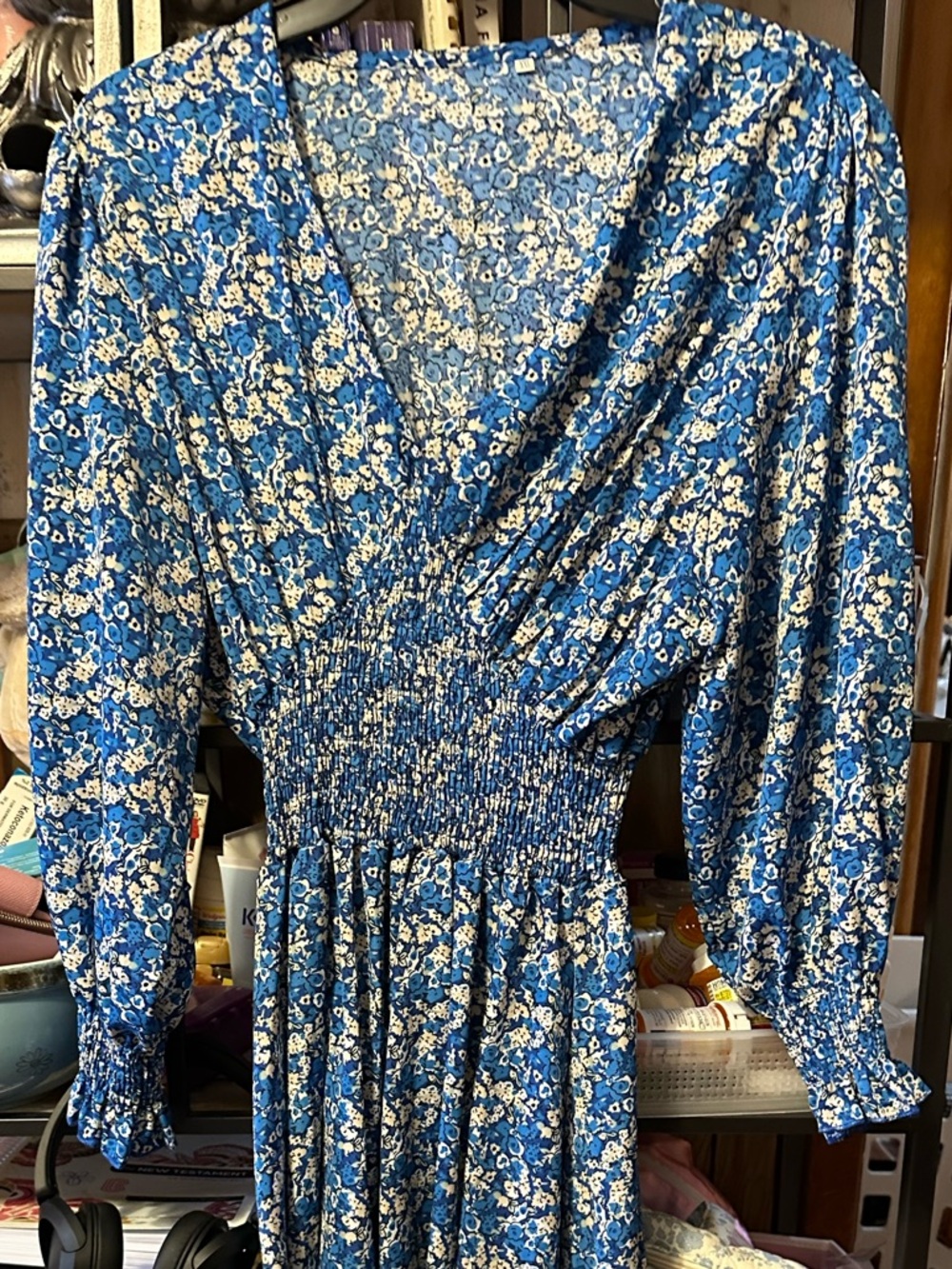 Blue Floral V-Neck Long Sleeve Smocked-Waist Dress by